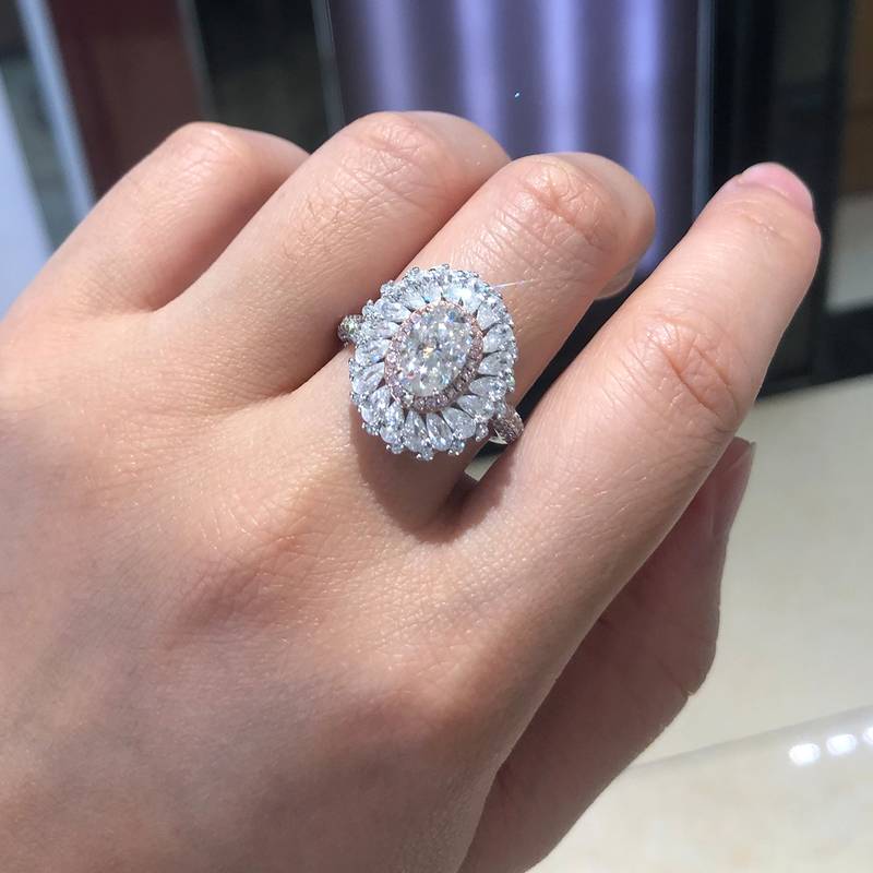 豪华满钻蛋形Women's RingS925银镀白金定制选款主石Moissanite2.0ct/副石高碳钻